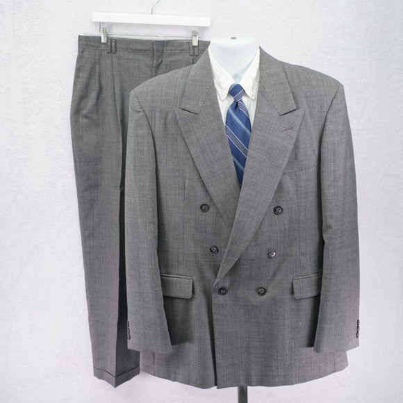 Haggar Wool 2 Piece Suit Gray Birdseye -42L35 / 30.5- Double Breasted Peak Lap